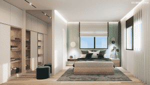 הדמיה של חדר שינה בה רואים את החלל של החדר, מיטה זוגית וארון בגדים