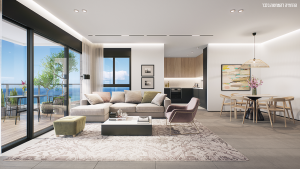 הדמיה של חלל המגורים בה רואים את פינת האוכל, המטבח, סלון עם מערכת ישיבה ומרפסת הצופה לים