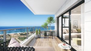 הדמיה של מרפסת עם פינת ישיבה הצופה אל הים