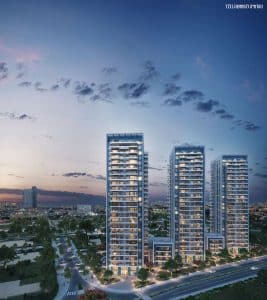 הדמיה של שלושה מגדלים ושני בניינים מרקמים