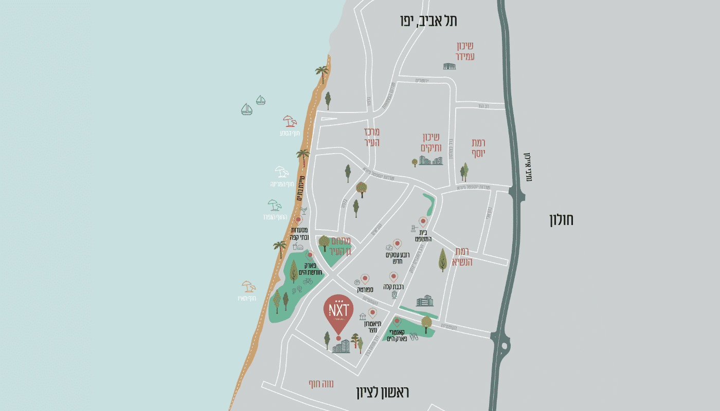 מפה אזורית של שמציגה את המיקום של פארק הים בבת ים וביחס לראשל"צ, תל אביב וחולון. קרבה לחוף הים, רכבת קלה, רובע העסקים החדש, קאנטרי וספורטק