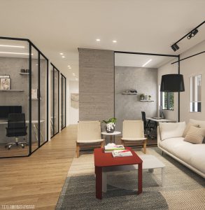 הדמיה של חלל עבודה בפרויקט בה מוצגות פינות עבודה ואזור המתנה עם מערכת ישיבה