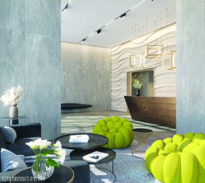 הדמיה של הלובי בה רואים עמדת שומר, פינת ישיבה עם ספה שותי כסאות ושולחנות קטנים