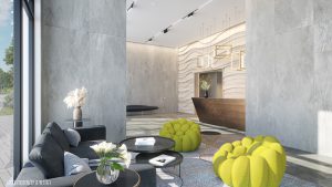 הדמיה של הלובי בה רואים עמדת שומר, פינת ישיבה עם ספה שותי כסאות ושולחנות קטנים